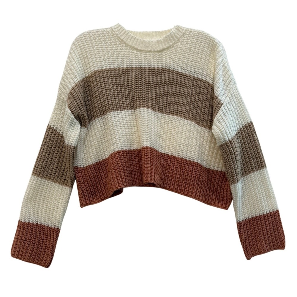 Moon‎ & Madison Striped Cropped Shaker Knit Sweater Cream Tan Brown Size Small
